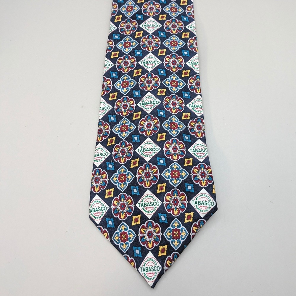 Vintage Tabasco Mens 100% Silk Necktie Navy Mosaic Diamond Medallion Made in USA